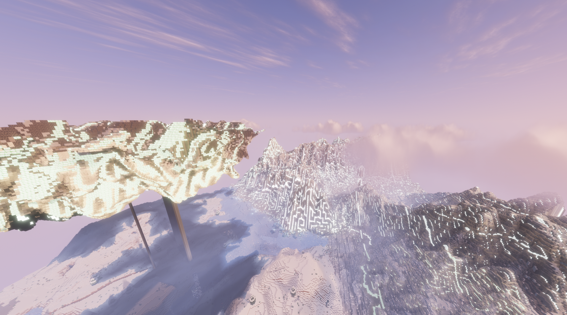 A vast custom Minecraft landscape of floating cliffs and snowy mountains